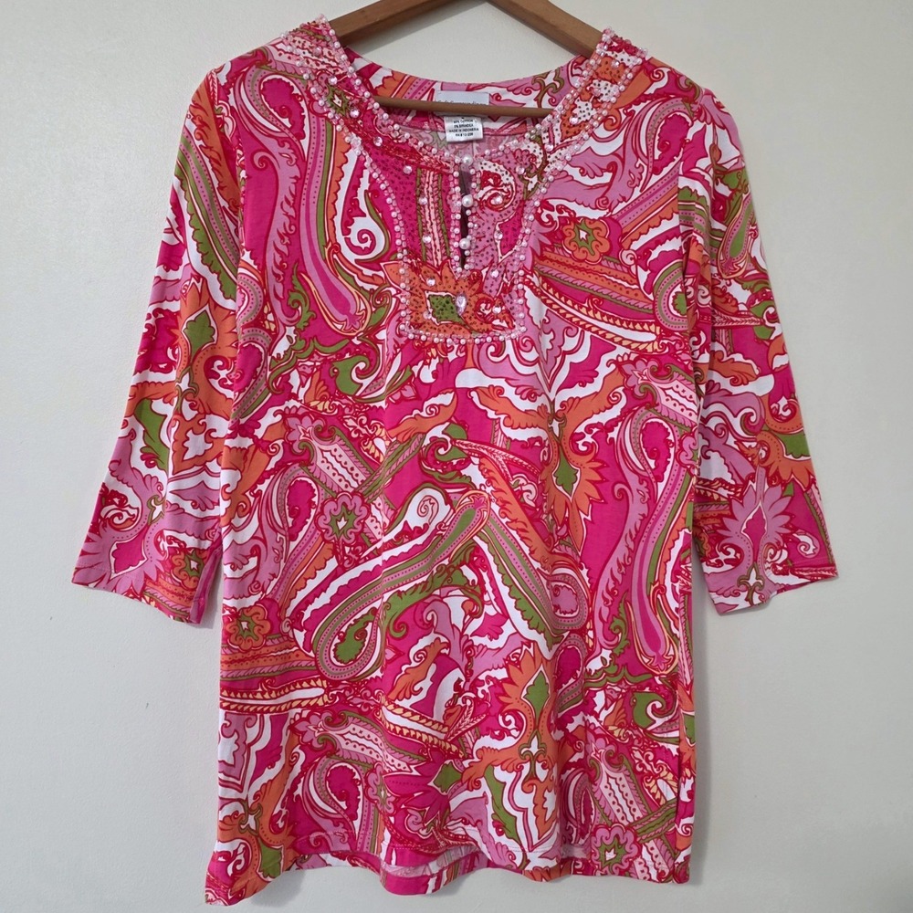 Soft Surroundings Rhinestone Embellished Paisley Tunic Top Sz M Pink Beachy Boho